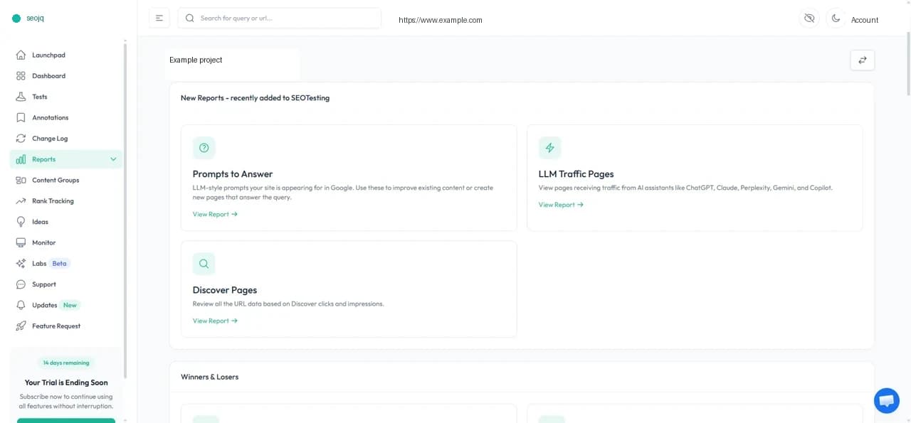 Desensitized seojq reports overview screen